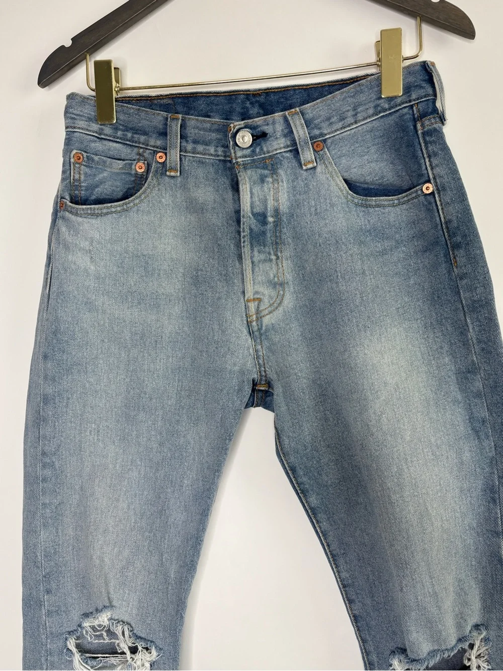 Levi's Mens 30x30 501 Original Fit Distressed Ripped Thrashed Knees Light Jeans